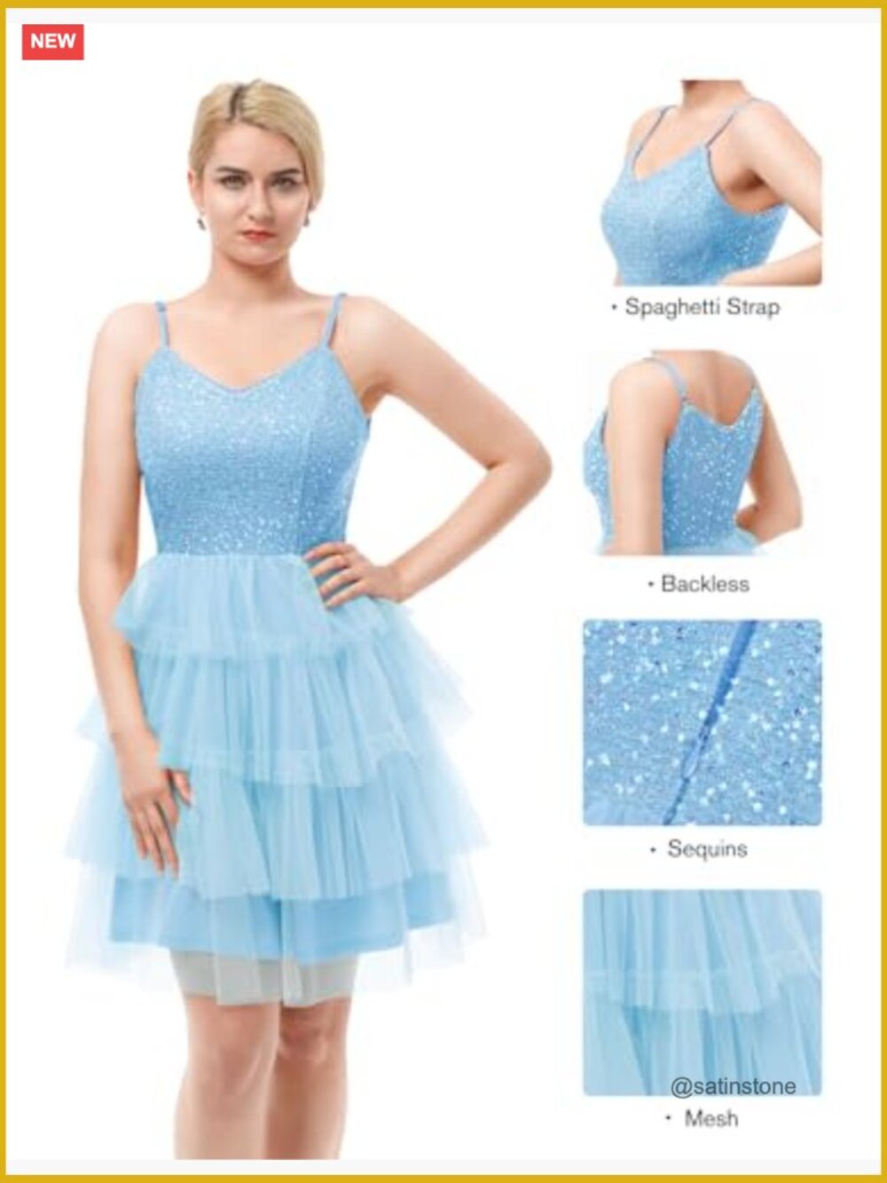 Glitter Sequin Tulle Tiered Mini Party Dress with Spaghetti Straps - Picture 6 of 7